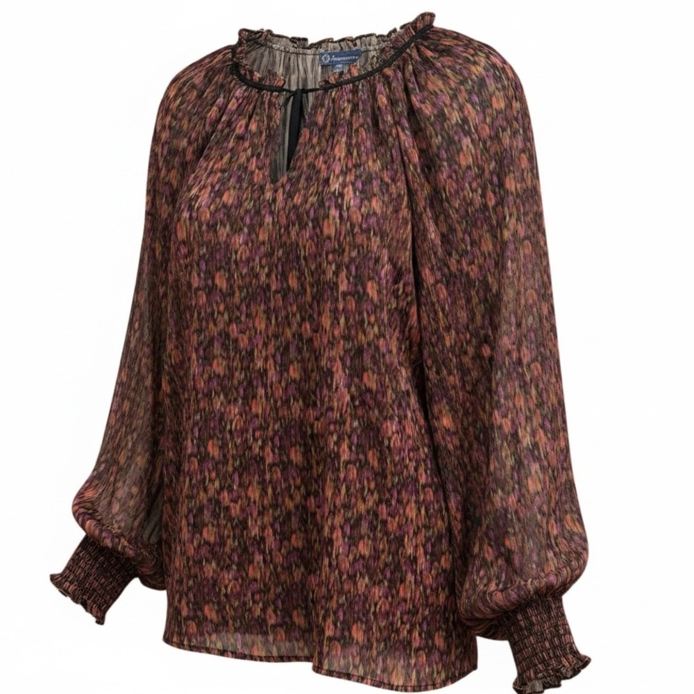 NWT Democracy Women’s Plus Sheer Gathered Long Sleeve Pheasant Top Blouse 3X
